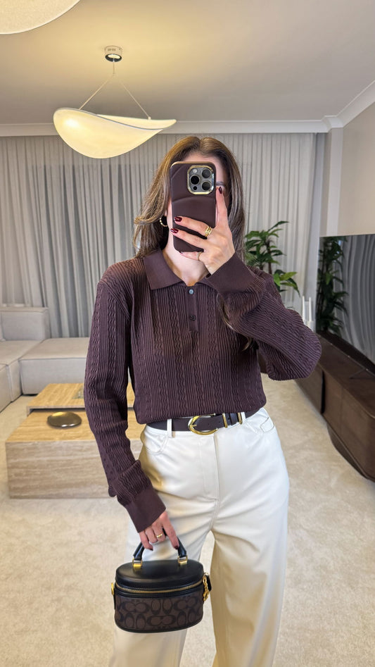 Buttoned Polo-neck Knit Sweater With Openwork Detail