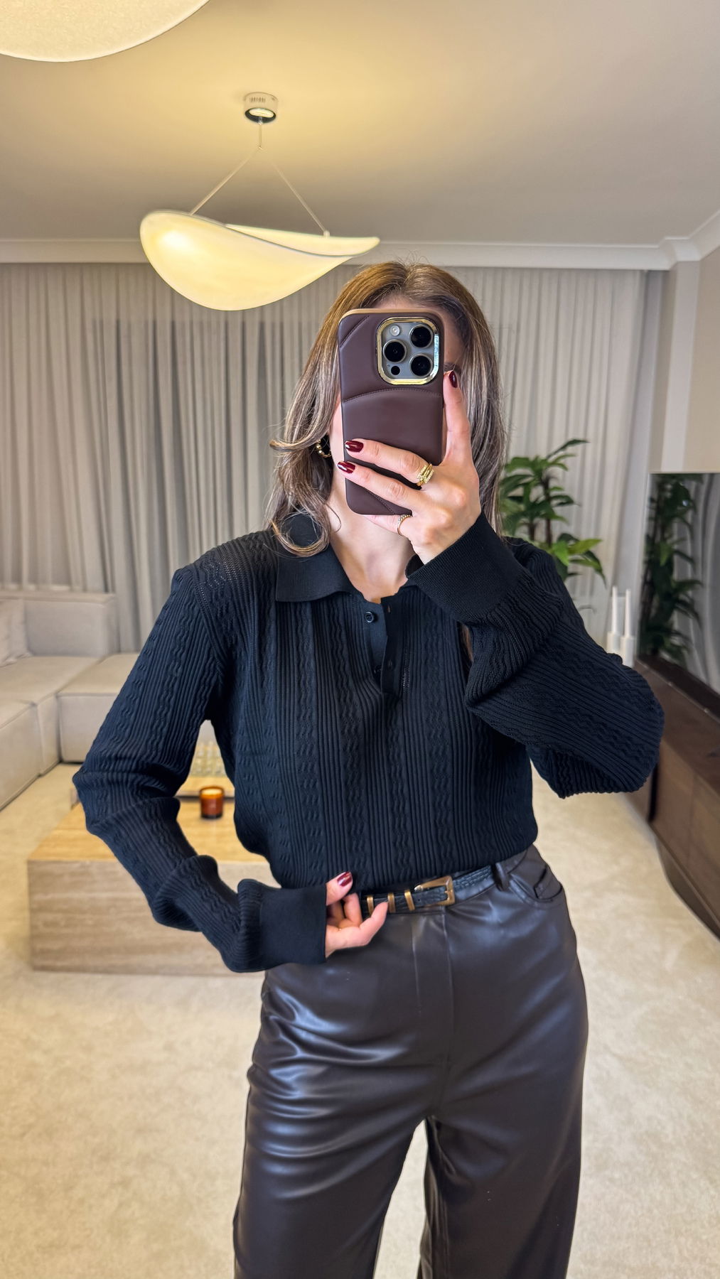 Buttoned Polo-neck Knit Sweater With Openwork Detail