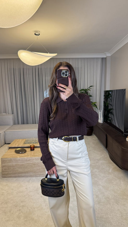 Buttoned Polo-neck Knit Sweater With Openwork Detail