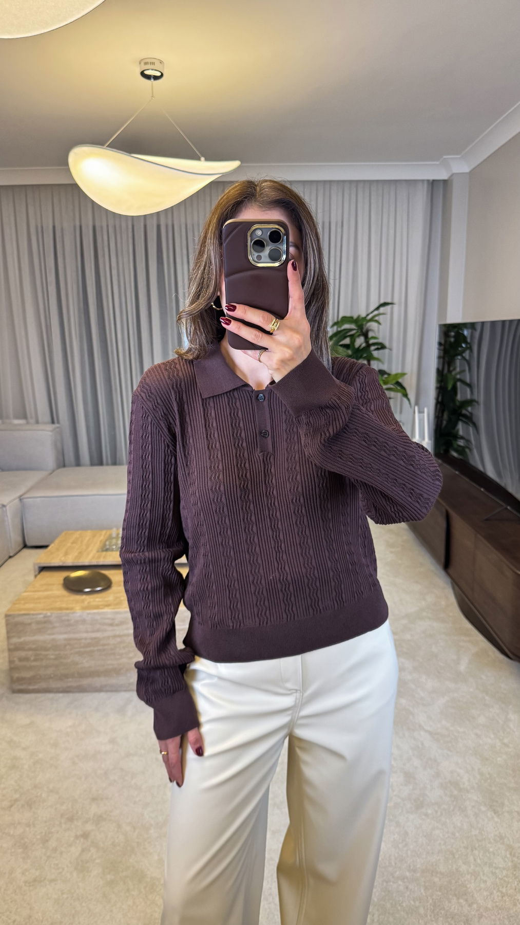 Buttoned Polo-neck Knit Sweater With Openwork Detail