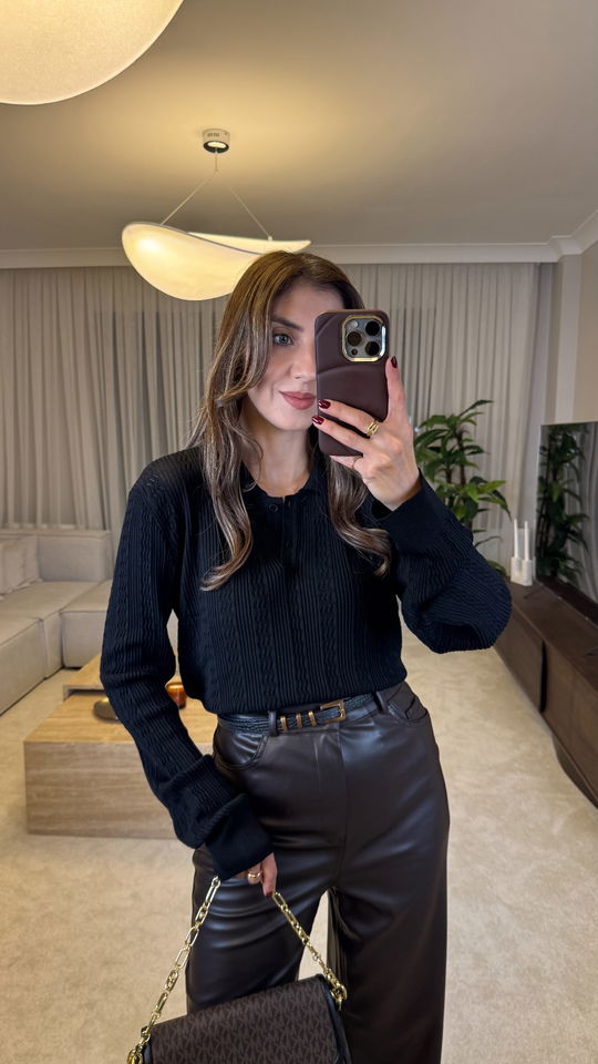 Buttoned Polo-neck Knit Sweater With Openwork Detail