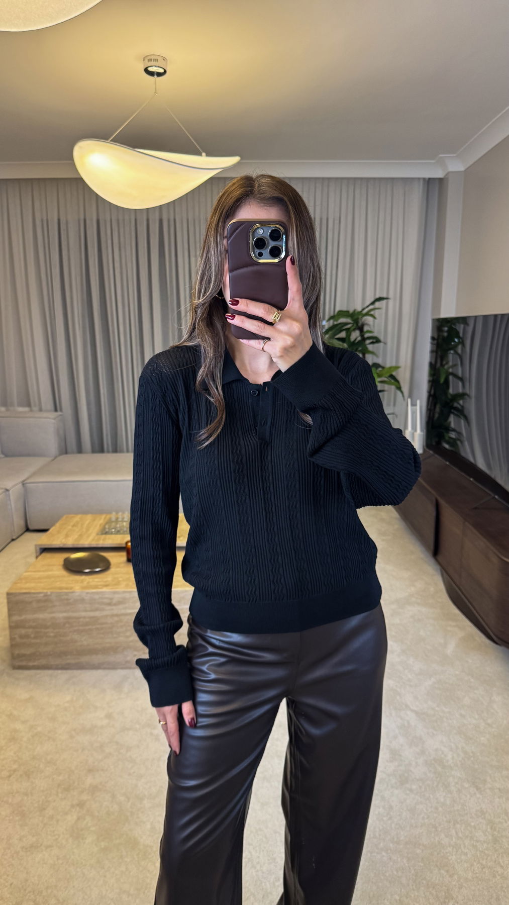 Buttoned Polo-neck Knit Sweater With Openwork Detail